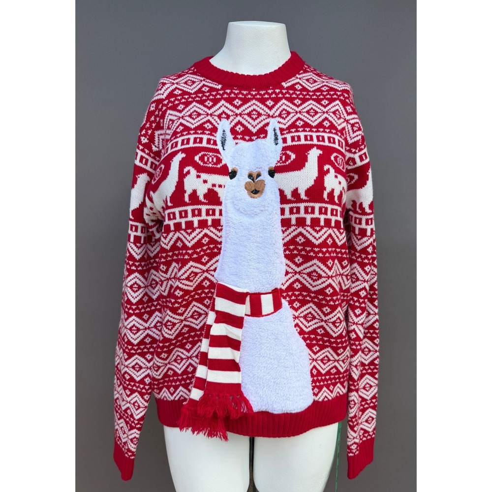 Blizzard Bay Llama Ugly Christmas Sweater Medium Red White 3D Fuzzy Scarf Kitsch